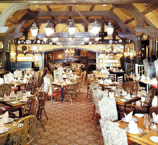 Gulliver's 18th-century style dining room with lanterns, timber beams and leaded glass