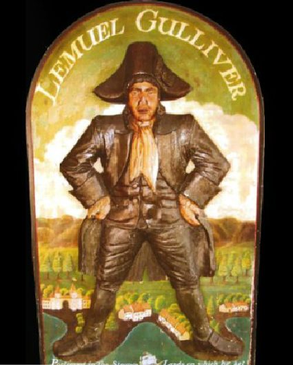 Carved Captain Lemuel Gulliver figure that greets guests at Gulliver's Restaurant
